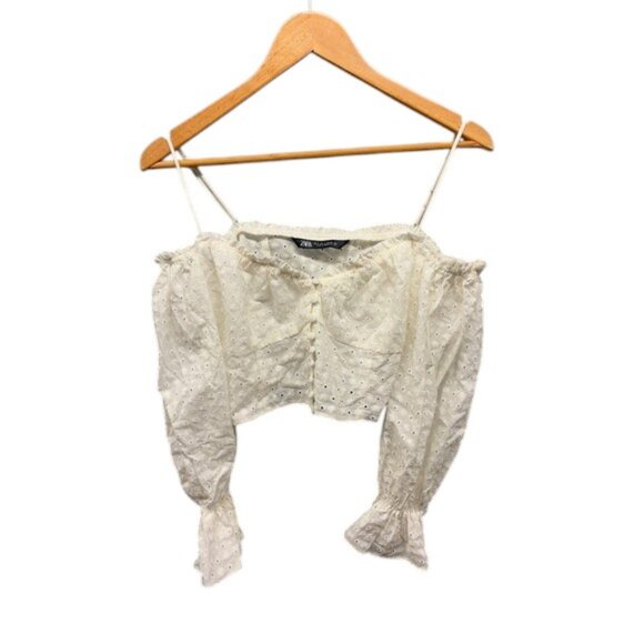 Zara Tops - ZARA Women’s S White Eyelet Off Shoulder Poplin Lace Ruffle Button Crop Top